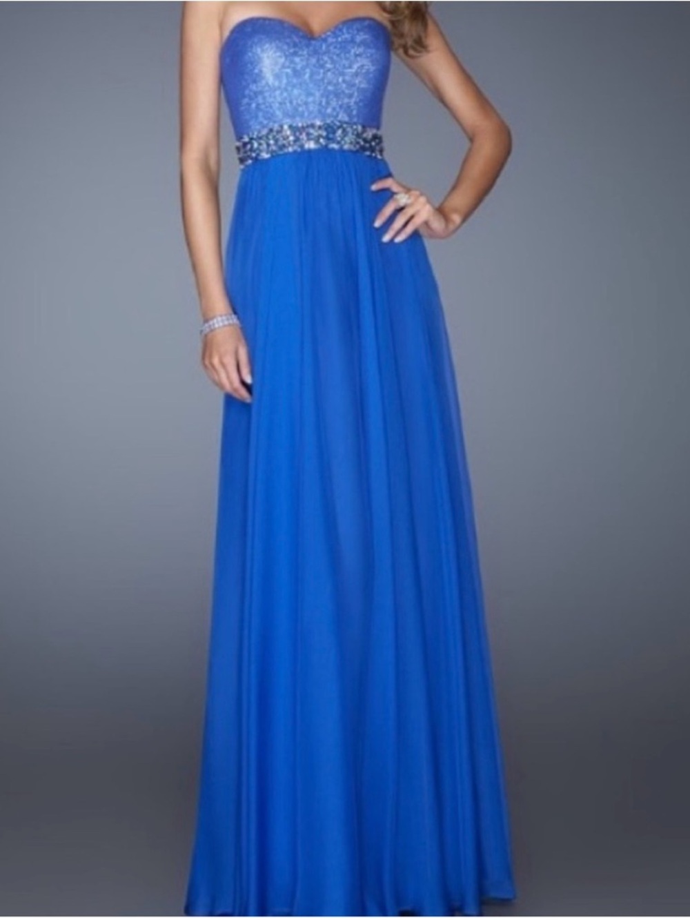 BNWT La Femme Strapless Royal Blue Sequins Beaded Waist Gown
